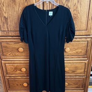 Cabi Black Midi Dress with V-Neck, shirred short sleeves.